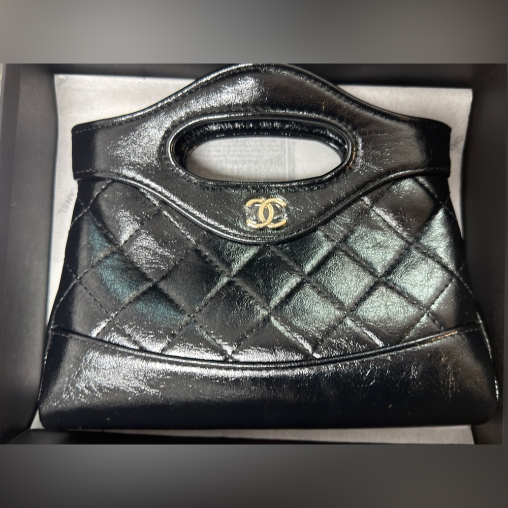 CHANEL Black Quilted Leather Top-Handle Clutch with Gold CC w box SALE
